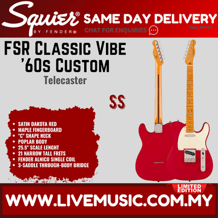 Squier Limited Edition Classic Vibe 60s Custom Telecaster Electric Guitar, Maple FB, Satin Dakota Red