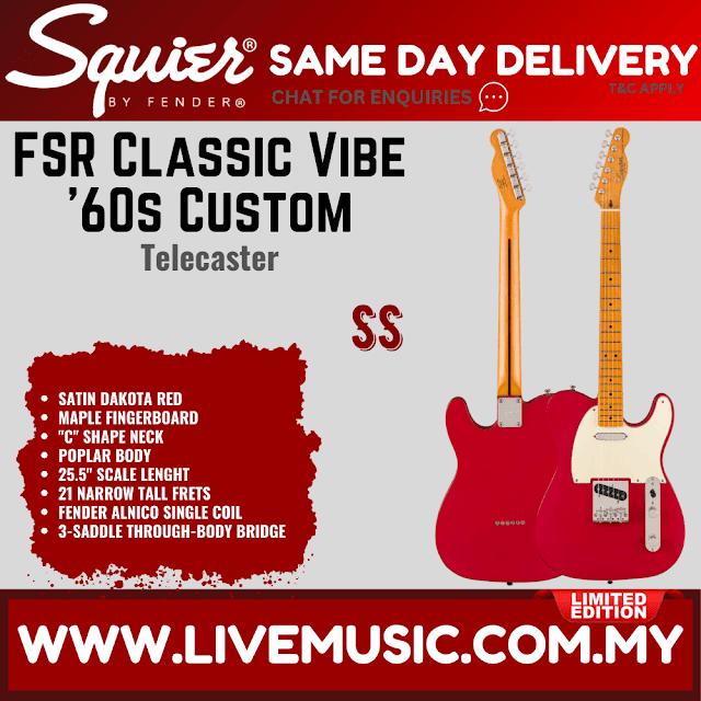 Squier Limited Edition Classic Vibe 60s Custom Telecaster Electric Guitar, Maple FB, Satin Dakota Red