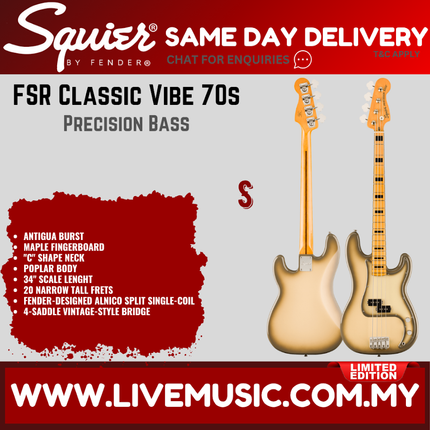 Squier FSR Classic Vibe 70s Precision Bass Guitar, Maple FB, Antigua Burst