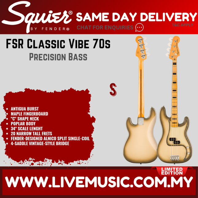 Squier FSR Classic Vibe 70s Precision Bass Guitar, Maple FB, Antigua Burst