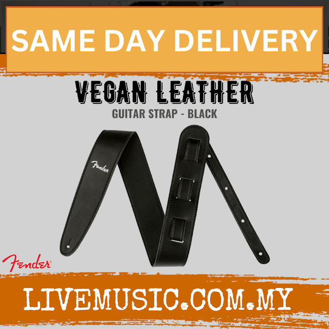 Fender vegan leather guitar strap in black, adjustable with metal ends