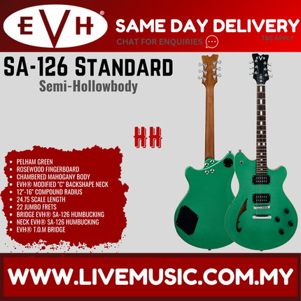 EVH SA-126 Standard Semi-Hollowbody Electric Guitar, RW FB, Pelham Green (SA 126/SA126)