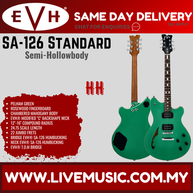 EVH SA-126 Standard Semi-Hollowbody Electric Guitar, RW FB, Pelham Green (SA 126/SA126)