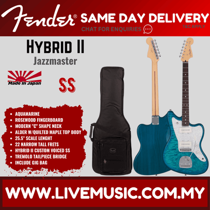 Fender Japan Hybrid II Jazzmaster Electric Guitar w/Quilt Maple Top, RW FB, Quilt Aquamarine