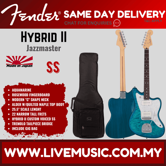 Fender Japan Hybrid II Jazzmaster Electric Guitar w/Quilt Maple Top, RW FB, Quilt Aquamarine