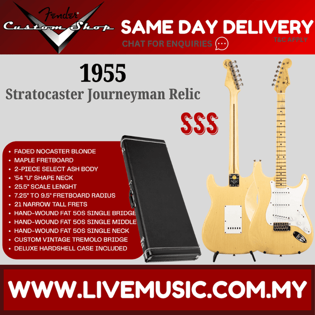 Fender Custom Shop 1955 Stratocaster Journeyman Relic Electric Guitar, Faded Nocaster Blonde
