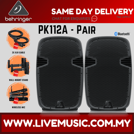 Behringer PK112A Active 600W 12" PA Speaker System w/Bluetooth w/Wireless Mic, Speaker Stand & Cable - (PK-112A PK 112A)