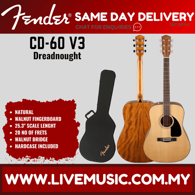 Fender CD-60 Dreadnought V3 Acoustic Guitar with Case, Walnut Fretboard - Black / Natural / Sunburst (CD60/CD 60)