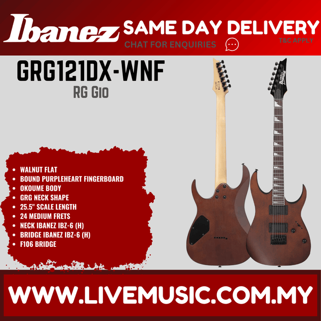 Ibanez GIO GRG121DX Solid Body Electric Guitar - Walnut Flat / Black Flat (GRG121DX-BKF GRG121DX-WNF)
