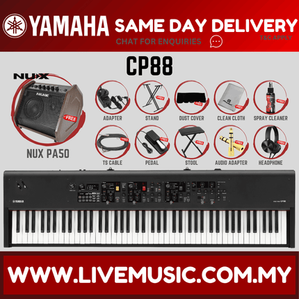 Yamaha CP88 88-key Stage Piano w/Nux PA50 Amplifier, Headphone, Sustain Pedal, Keyboard Stand, Bench, Bag ( CP 88 / CP-88 )