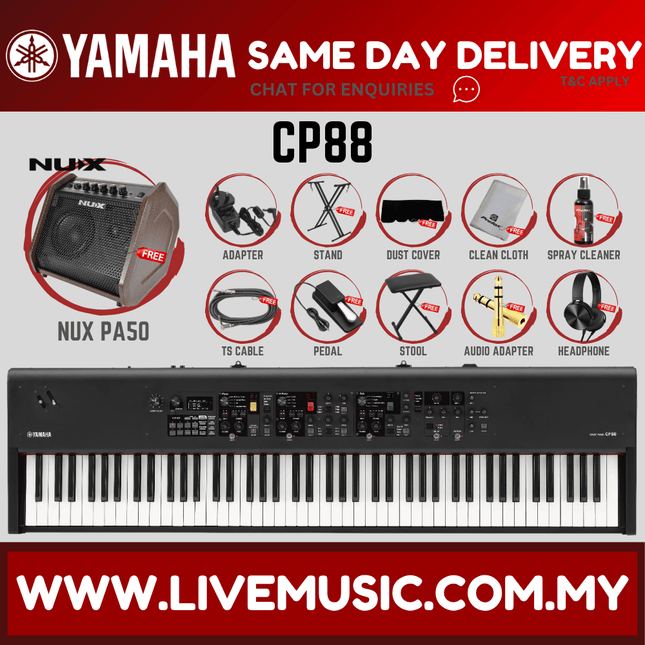 Yamaha CP88 88-key Stage Piano w/Nux PA50 Amplifier, Headphone, Sustain Pedal, Keyboard Stand, Bench, Bag ( CP 88 / CP-88 )