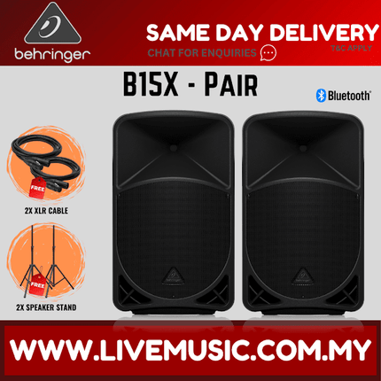 Behringer B15X 1000W 15" Powered Speaker w/UG-88HH Wireless Mic, Speaker Stand and Cable - Pair ( B-15X / B 15X )