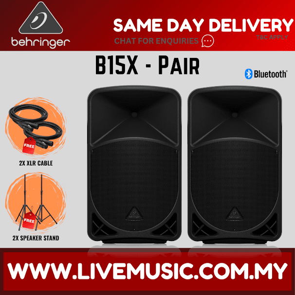 Behringer B15X 1000W 15" Powered Speaker w/UG-88HH Wireless Mic, Speaker Stand and Cable - Pair ( B-15X / B 15X )
