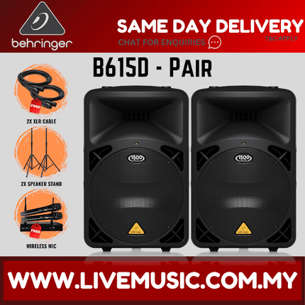 Behringer Eurolive B615D 1500W 15" Powered Speaker w/Wireless Mic, Speaker Stand and Cable - Pair ( B-615D / B 615D )