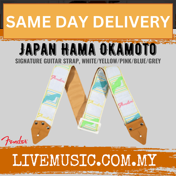 Colorful Fender guitar strap with white base, pastel stripes, and tan leather ends