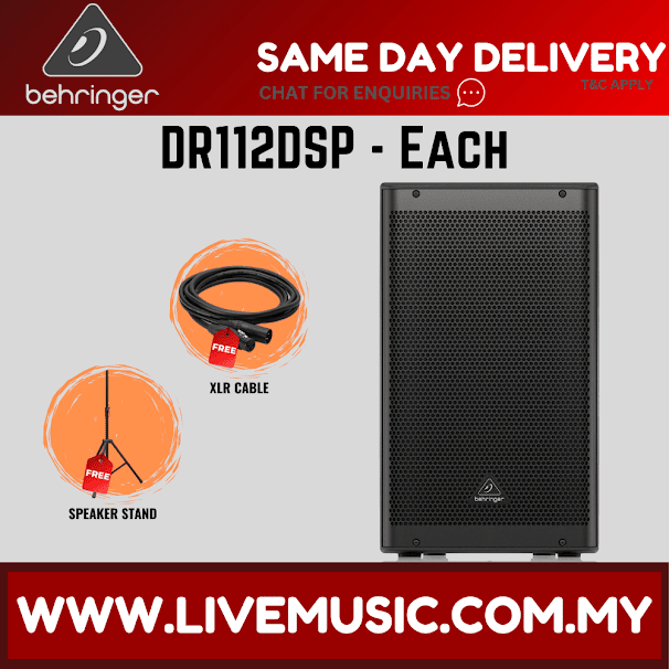 Behringer DR112DSP 1200W 12" Powered Speaker with Bluetooth w/Shure SV100 Vocal Microphone, Speaker Stand And Cable - Each ( DR-112DSP / DR 112DSP )