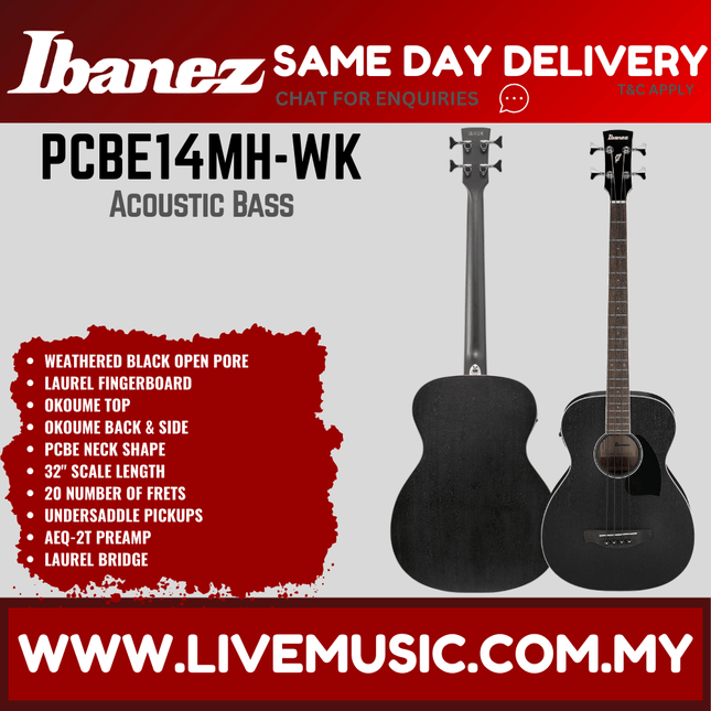 Ibanez PCBE14MH-WK Acoustic-Electric Bass Guitar - Weathered Black ( PCBE14MH WK / PCBE14MHWK )