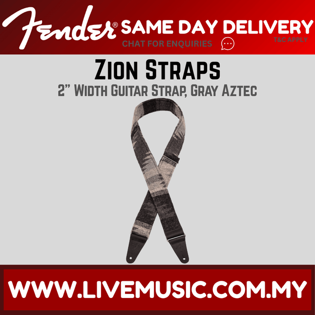 Gray aztec guitar strap, 2-inch wide, with adjustable black ends and loop