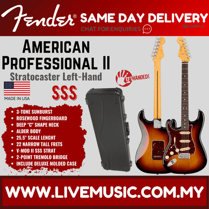 Fender American Professional II Left-Handed Stratocaster Electric Guitar, Rosewood Fretboard - 3-Tone Sunburst