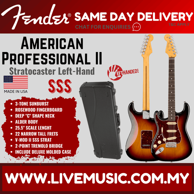 Fender American Professional II Left-Handed Stratocaster Electric Guitar, Rosewood Fretboard - 3-Tone Sunburst