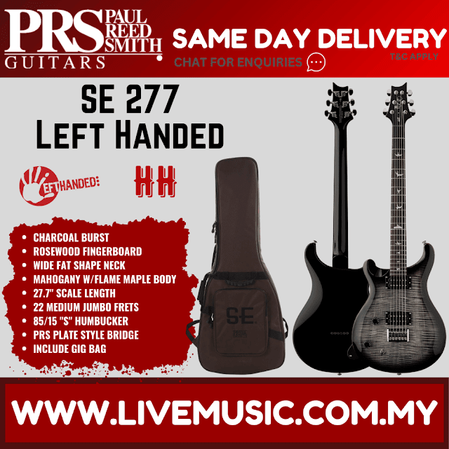 PRS SE 277 Left-Handed Baritone Electric Guitar, Charcoal Burst (SE-277/SE277)