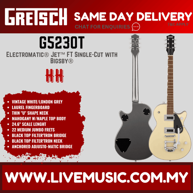 Gretsch G5230T Electromatic Jet FT Single-Cut Guitar w/Bigsby, Vintage White/London Grey