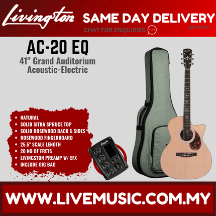Livingston AC-20 EQ Grand Auditorium 41" Full Solid Acoustic Guitar, Rosewood FB, Natural ( AC20 AC 20 )