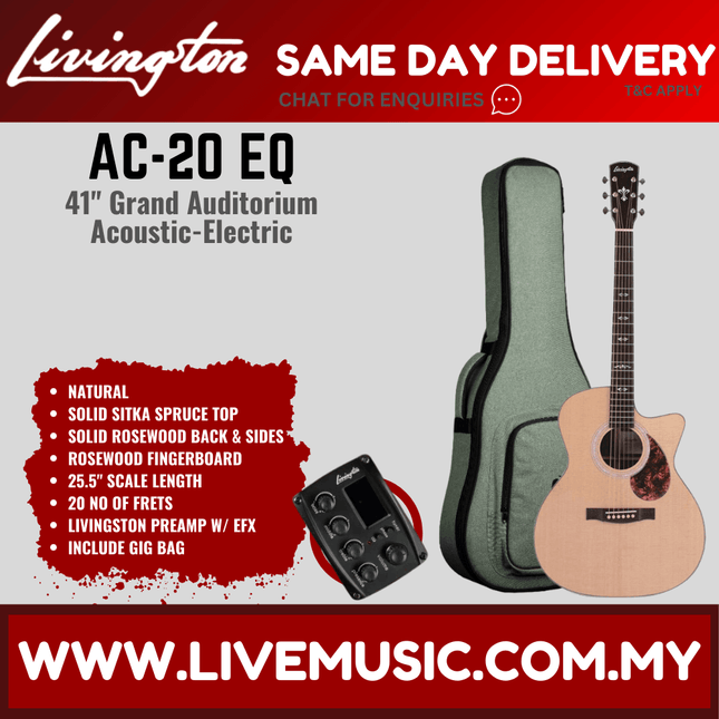 Livingston AC-20 EQ Grand Auditorium 41" Full Solid Acoustic Guitar, Rosewood FB, Natural ( AC20 AC 20 )