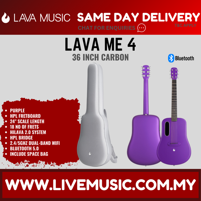 Lava Me 4 36" Carbon Fiber Smart Acoustic Electric Guitar With Touchscreen Effects And Space Bag-Purple