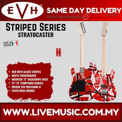 EVH Striped Series Stratocaster Electric Guitar, Maple FB, Red w/Black & White Stripes
