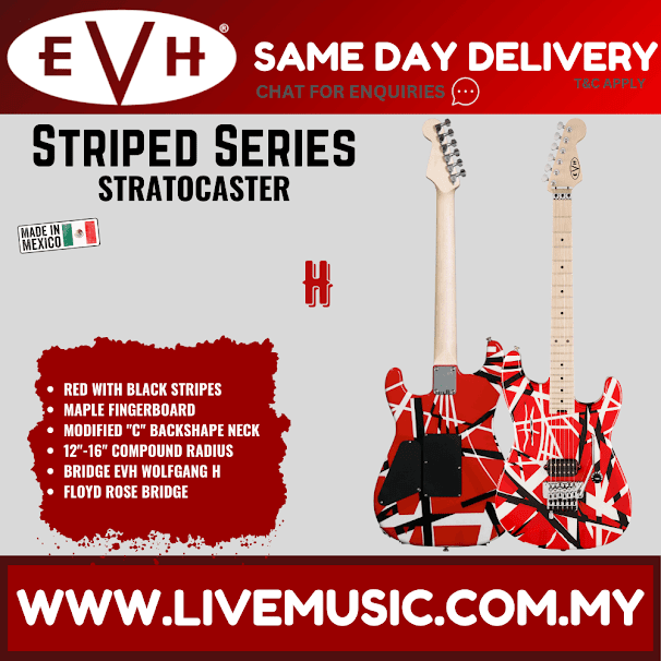 EVH Striped Series Stratocaster Electric Guitar, Maple FB, Red w/Black & White Stripes
