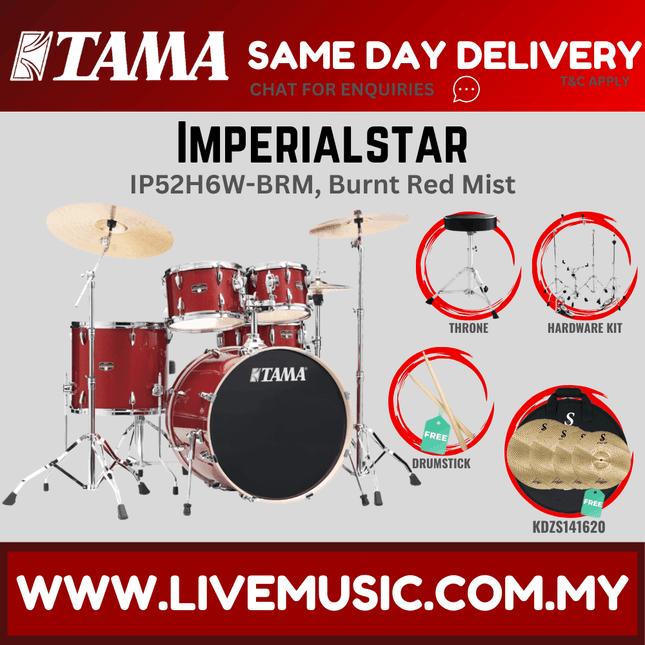 Burnt red drum set with throne and silent cymbal hardware kit, Imperialstar IP52H6W-BRM