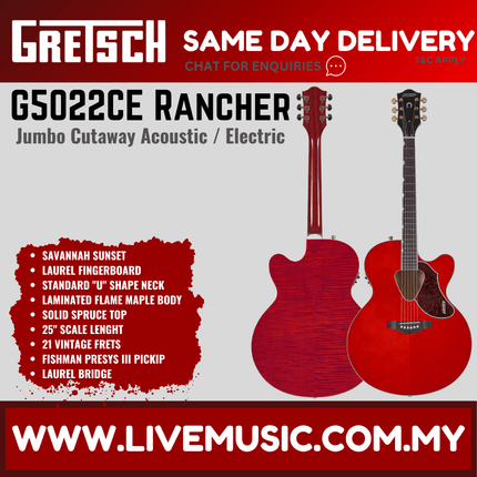 Gretsch G5022CE Rancher Jumbo Acoustic Electric Guitar, RW FB, Savannah Sunset
