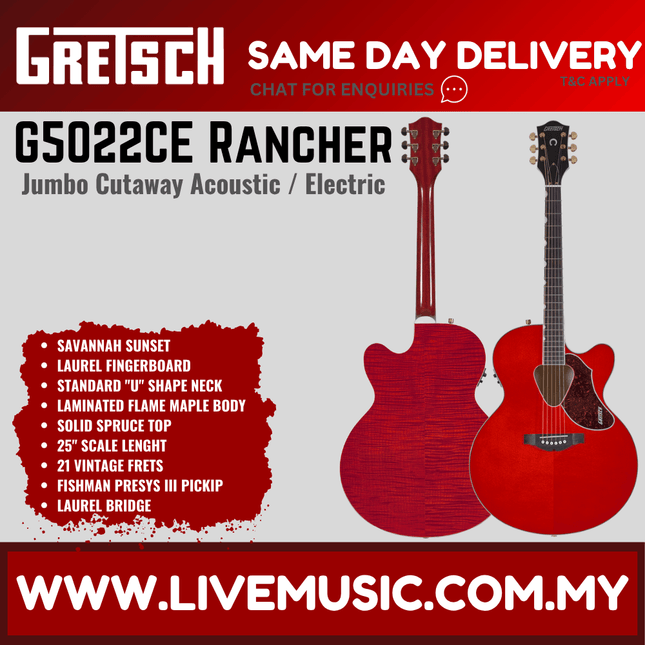 Gretsch G5022CE Rancher Jumbo Acoustic Electric Guitar, RW FB, Savannah Sunset