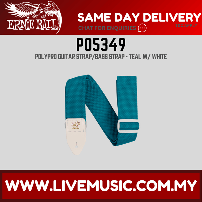 Ernie Ball 5349 Polypro Guitar Strap With Leather Ends, Teal and White