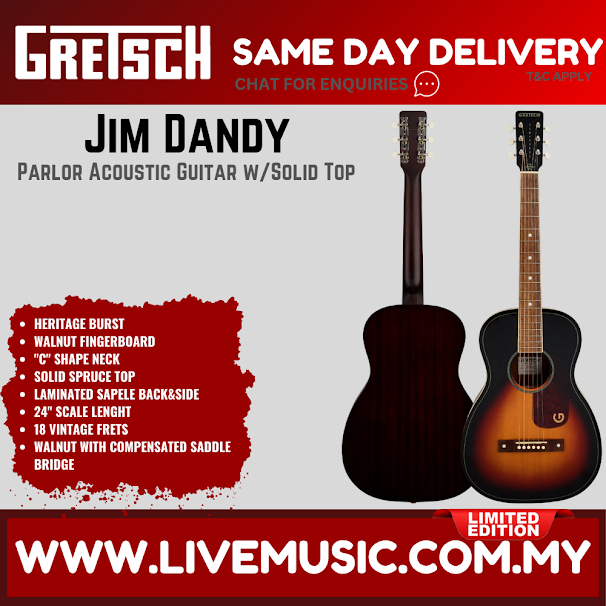 Gretsch Limited Edition Jim Dandy Parlor Acoustic Guitar w/Solid Top, Walnut FB, Heritage Burst
