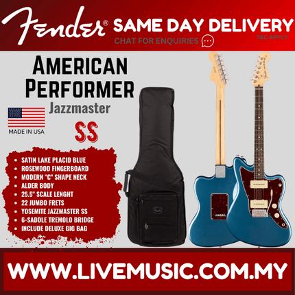 Fender American Performer Jazzmaster Electric Guitar, Rosewood Fretboard with Bag - Satin Lake Placid Blue