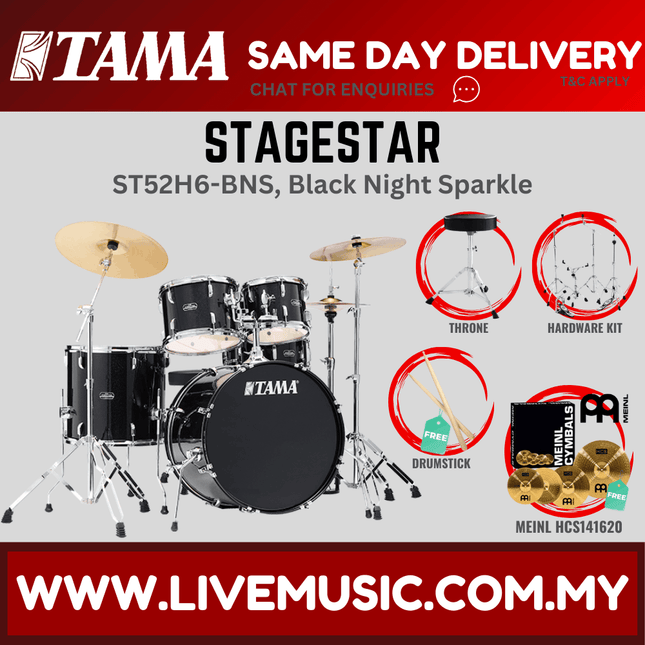 Tama Stagestar ST52H6 5-piece Drum Set With Drumsticks and Throne With Meinl HCS141620 Cymbals Set