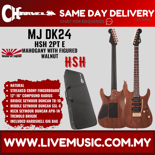 Charvel MJ DK24 HSH 2PT Mahogany w/ Figured Walnut Electric Guitar, Streaky Ebony FB, Natural