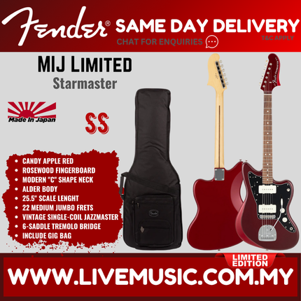 Fender MIJ Limited Starmaster Electric Guitar, RW FB, Candy Apple Red / Black / Jupiter Blue