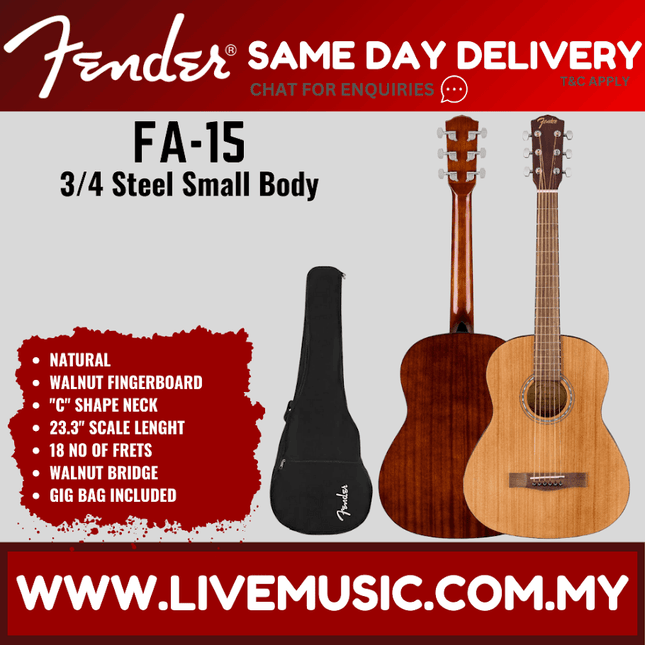 Fender FA-15 3/4 Size Steel String Acoustic Guitar with Bag (FA15)