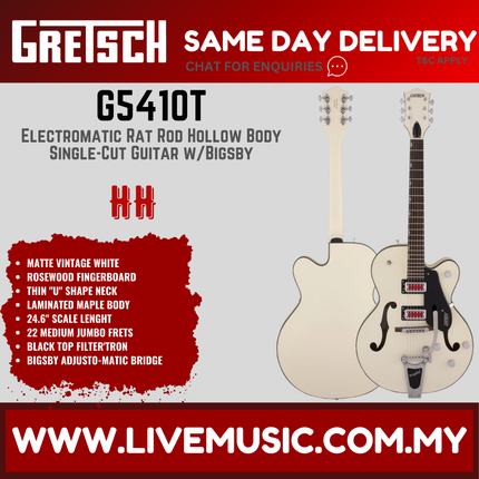 Gretsch G5410T Electromatic Rat Rod Hollow Body Single-Cut Guitar w/Bigsby, Matte Vintage White