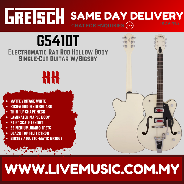 Gretsch G5410T Electromatic Rat Rod Hollow Body Single-Cut Guitar w/Bigsby, Matte Vintage White