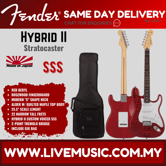 Fender Japan Hybrid II Ltd Ed Stratocaster Electric Guitar w/Quilt Maple Top, RW FB, Red Beryl