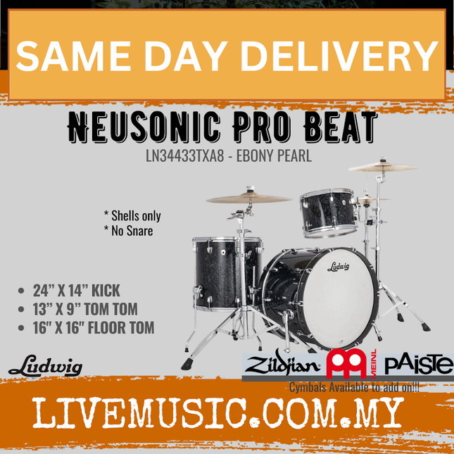 Ludwig LN34433TXAG LN34433TXA8 Neusonic 3-Piece Pro Beat Shell Pack (24B/16F/13T), Ebony Pearl / Silver Silk