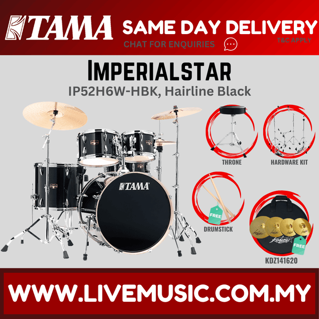 Tama Imperial Star drum set with throne, hairline black shells and cymbals