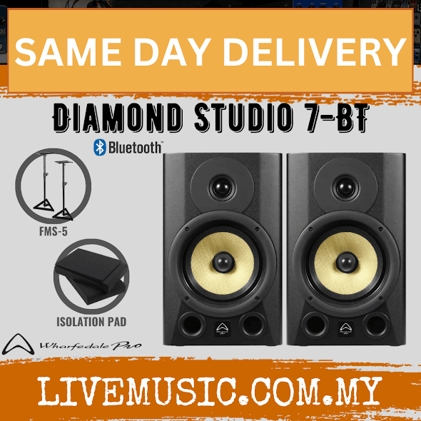 Pair of black active studio monitors with Bluetooth, yellow driver woofers