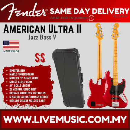 Fender American Ultra II Jazz Bass V Guitar, Maple FB, Avalanche / Sinister Red