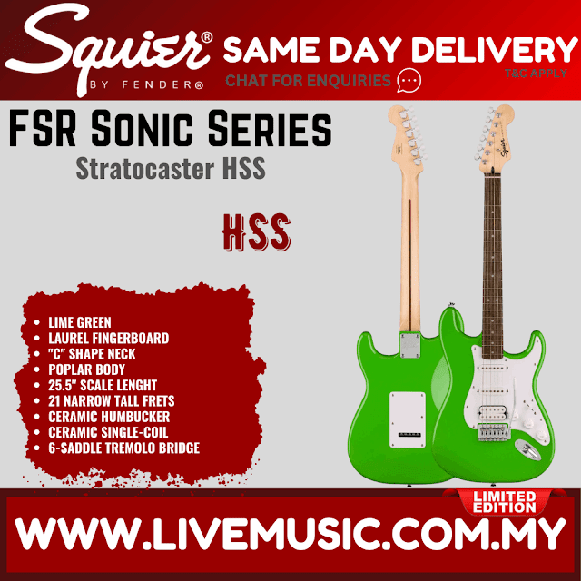 Squier FSR Sonic Stratocaster HSS Electric Guitar w/White Pickguard, Laurel FB, Lime Green