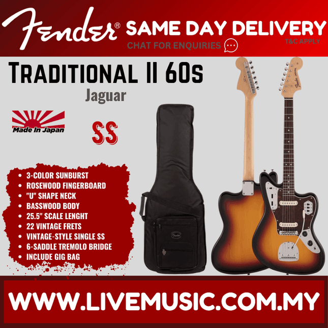 Fender Japan Traditional II 60s Jaguar Electric Guitar, Rosewood Fretboard - Black / 3-Color Sunburst